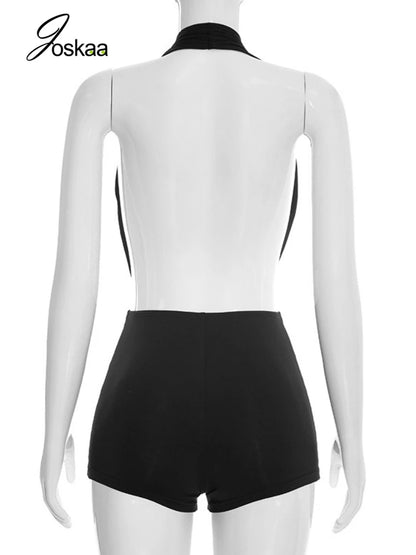 Women's Backless Halter Sleeveless Romper Black – Detail View