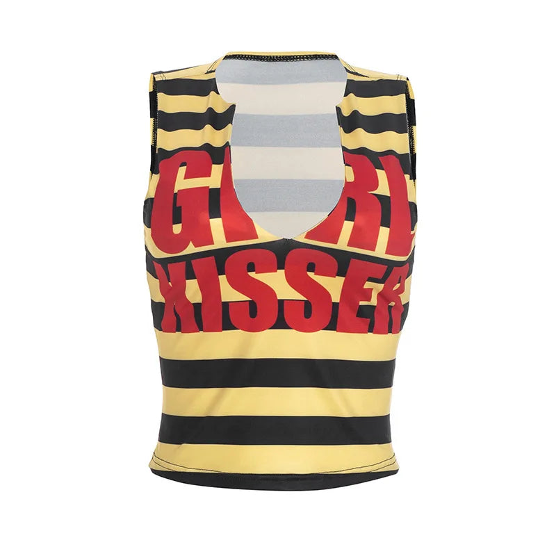 Women's Striped V-neck Sleeveless Bodycon Top - Additional View 7