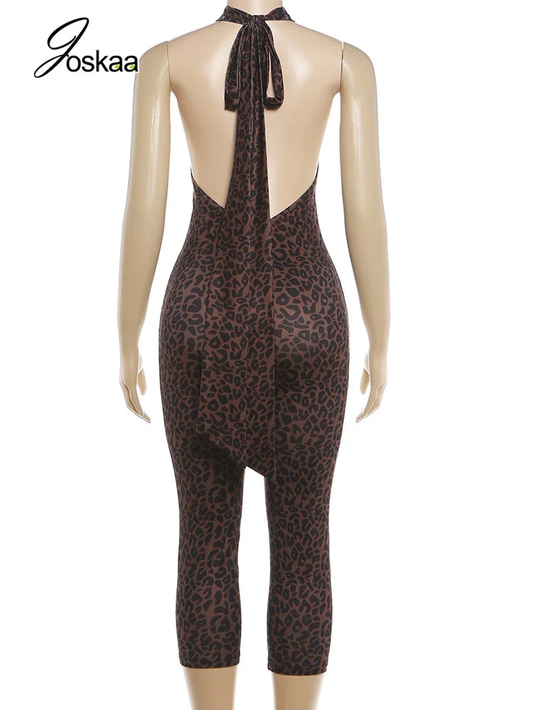 Women's Leopard Print Backless Halter Sleeveless Romper - Detail View