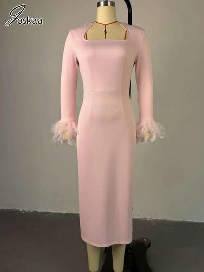 Women's Long Sleeve Elegant Solid Square Bodycon Dress Pink – Back View