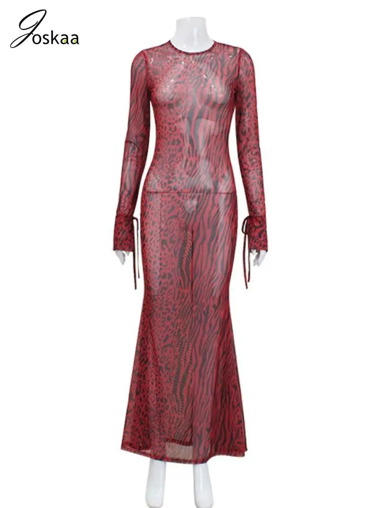 Women's Leopard Print Stripe Mesh Backless Dress Red – Back View