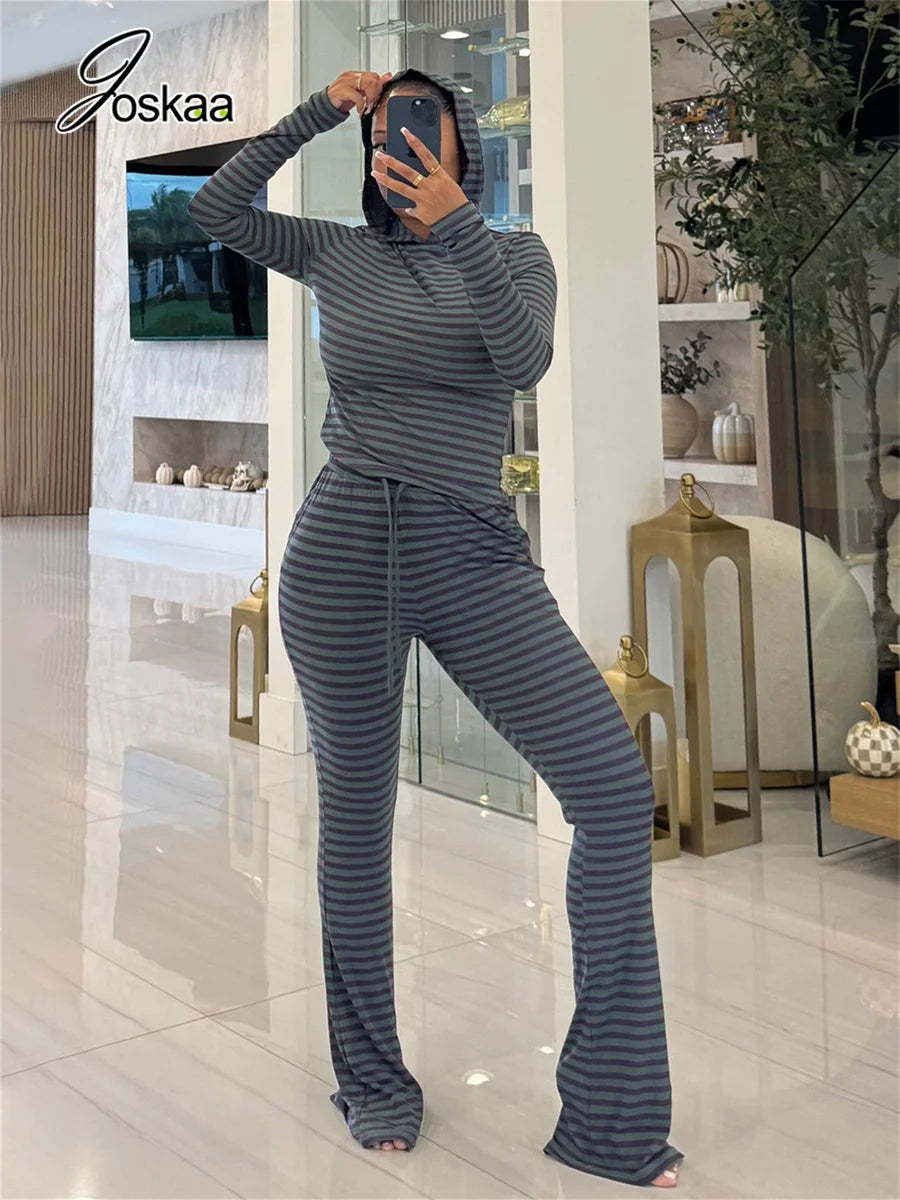 Women's Striped Long Sleeve Wide Leg Two Piece Set - Back View