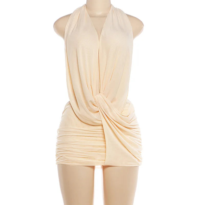 Women's Ruched Backless Halter Mini Dress
