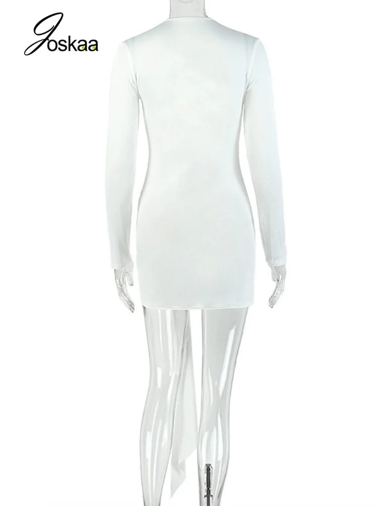 Women's Ruched V-neck Long Sleeve Bodycon Mini Dress White - Detail View 4