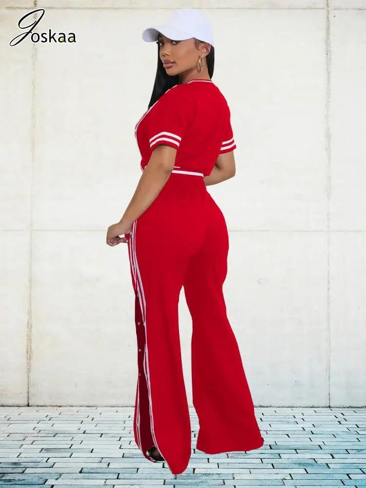 Women's Stripe Short Sleeve Two Piece Set Red – Side View