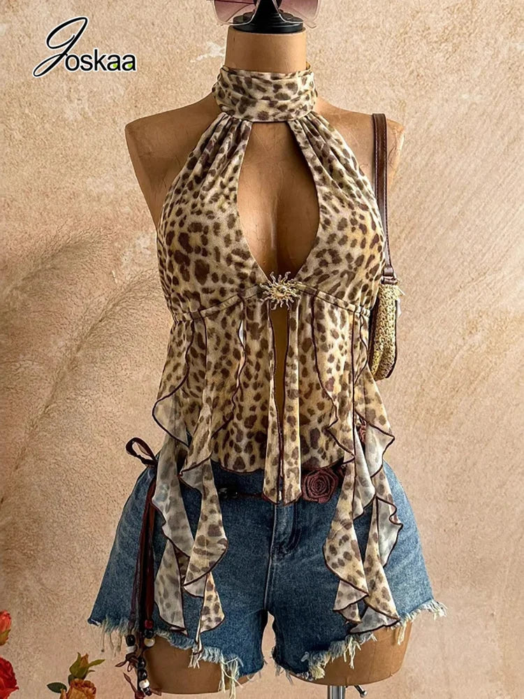 Women's Mesh Backless V-neck Halter Top Print Bandage Tank - Back View