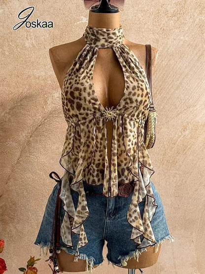 Women's Mesh Backless V-neck Halter Top Print Bandage Tank - Back View