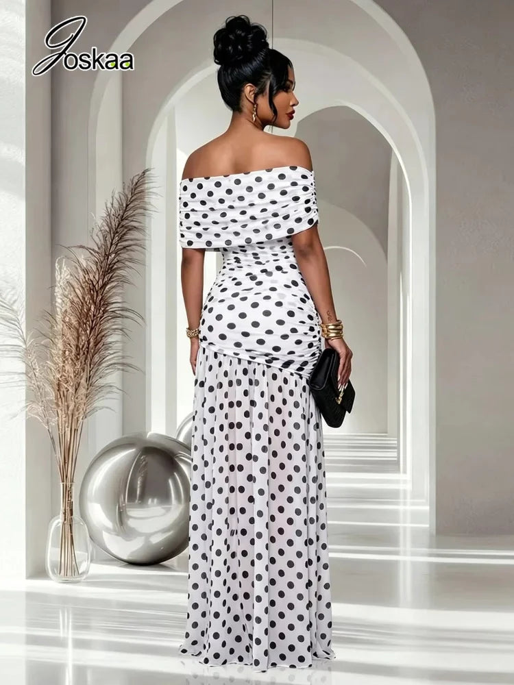 Women's Polka Dot Mesh Ruched Strapless Maxi Dress - Side View