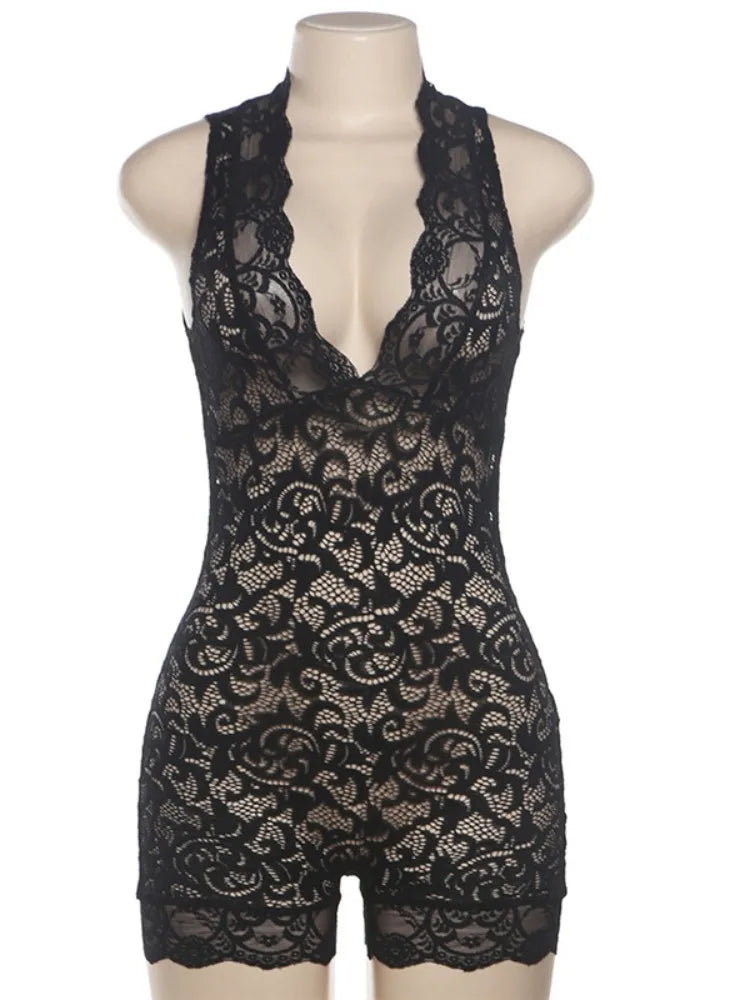 Wholesale Women's Lace Sleeveless Bodycon Romper Black – Front View