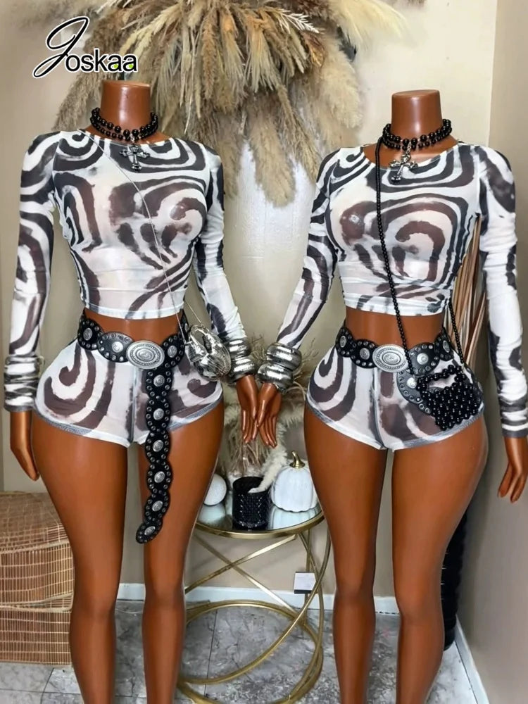 Women's Swirl Print Mesh Long Sleeve High Waist Two Piece Set 0141 - Front View