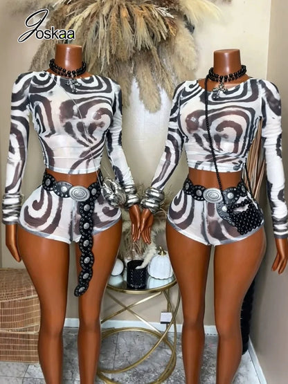 Women's Swirl Print Mesh Long Sleeve High Waist Two Piece Set 0141 - Front View