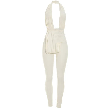 Women's Ruched Backless V-neck Halter Romper - Additional View 7