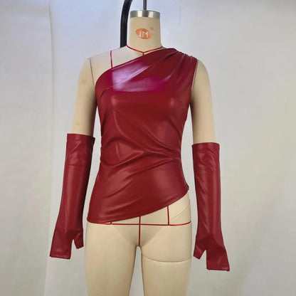 Women's Faux Leather Skew Collar Irregular Two Piece Set