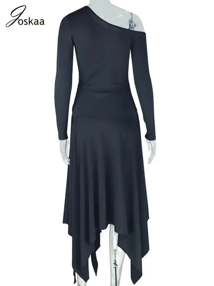 Women's One Shoulder Long Sleeve Elegant Oblique Dress White – Detail View