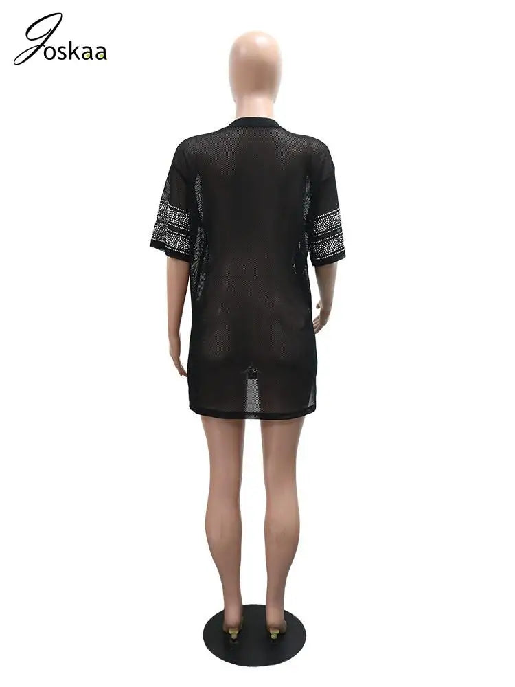 Women's Mesh Rhinestone V-neck Top Sheer Longline Short - Detail View