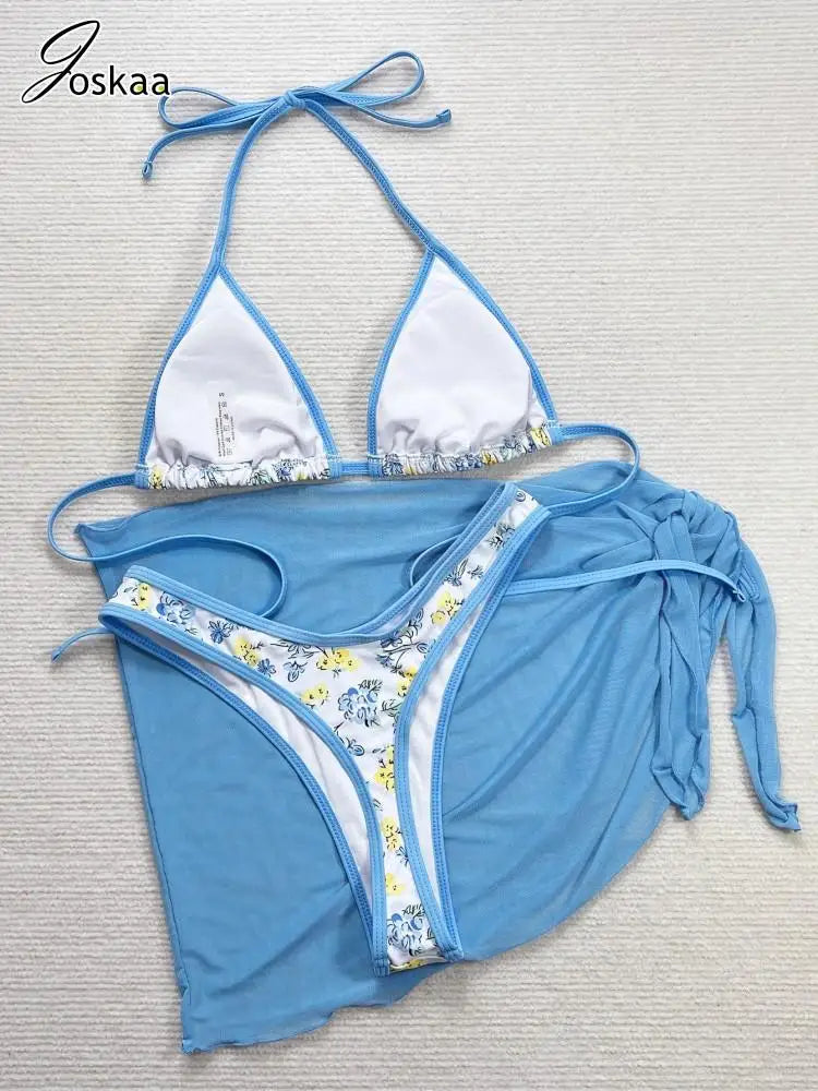 Women's Mesh Halter Swimwear Three-piece Bikini Set Flower Color – Back View