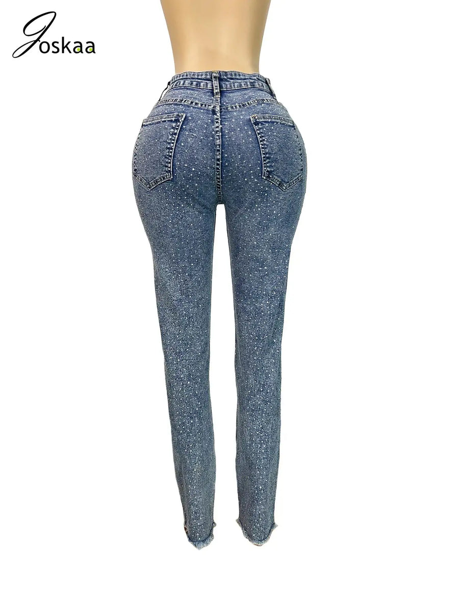 Wholesale Women's Rhinestone Denim Bodycon Pants Blue – Detail View