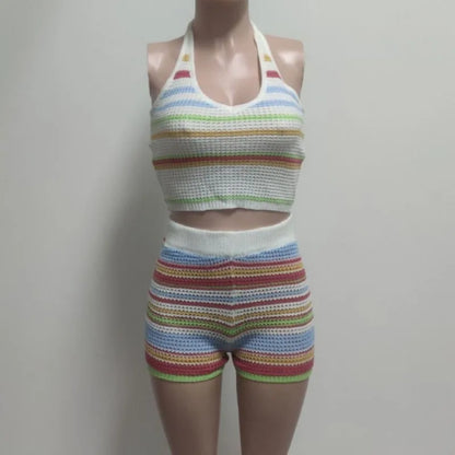 Women's Stripe Knit Backless Two Piece Set