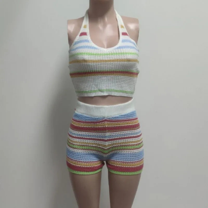 Women's Stripe Knit Backless Two Piece Set