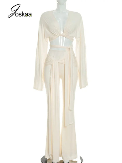 Women's Ruched V-neck Long Sleeve High Waist Two Piece Set - Back View