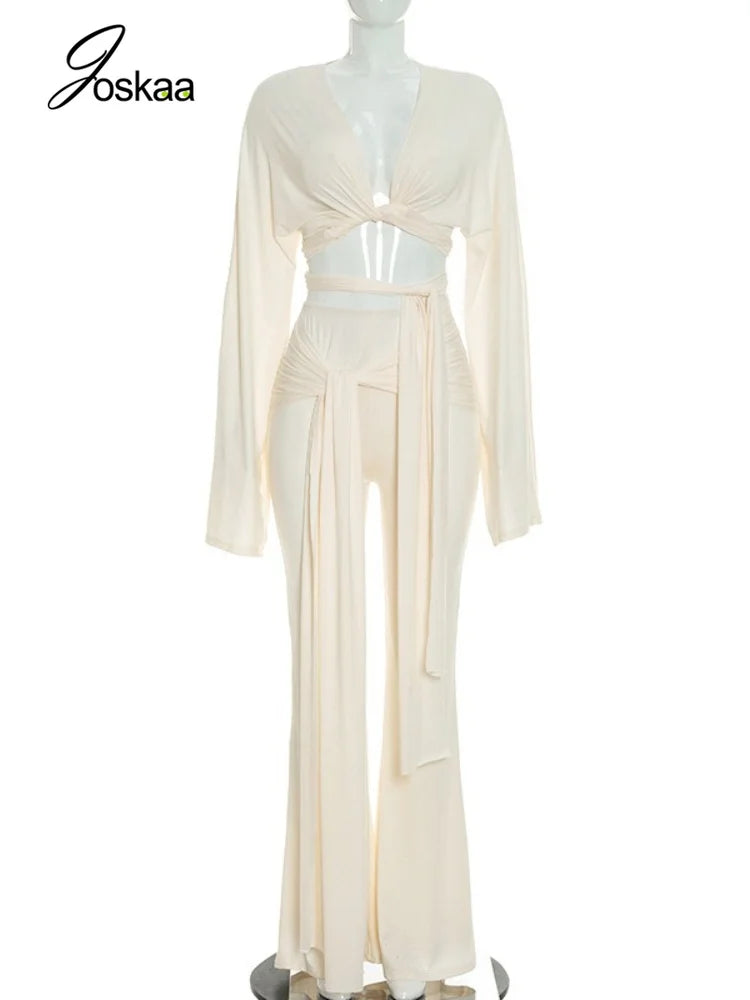 Women's Ruched V-neck Long Sleeve High Waist Two Piece Set - Back View
