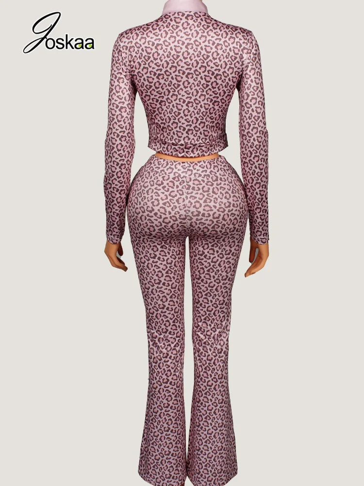Women's Leopard Print Long Sleeve Crop Two Piece Set Coffee – Detail View