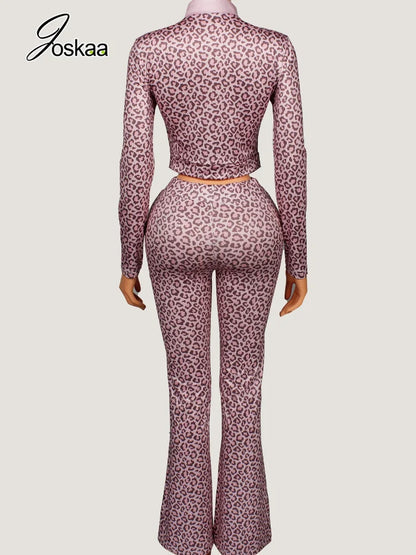 Women's Leopard Print Long Sleeve Crop Two Piece Set Coffee – Detail View