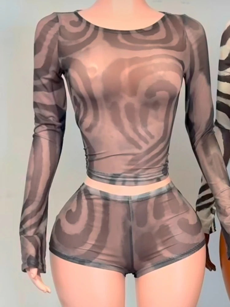 Women's Swirl Print Mesh Long Sleeve High Waist Two Piece Set 0141 - Additional View 9