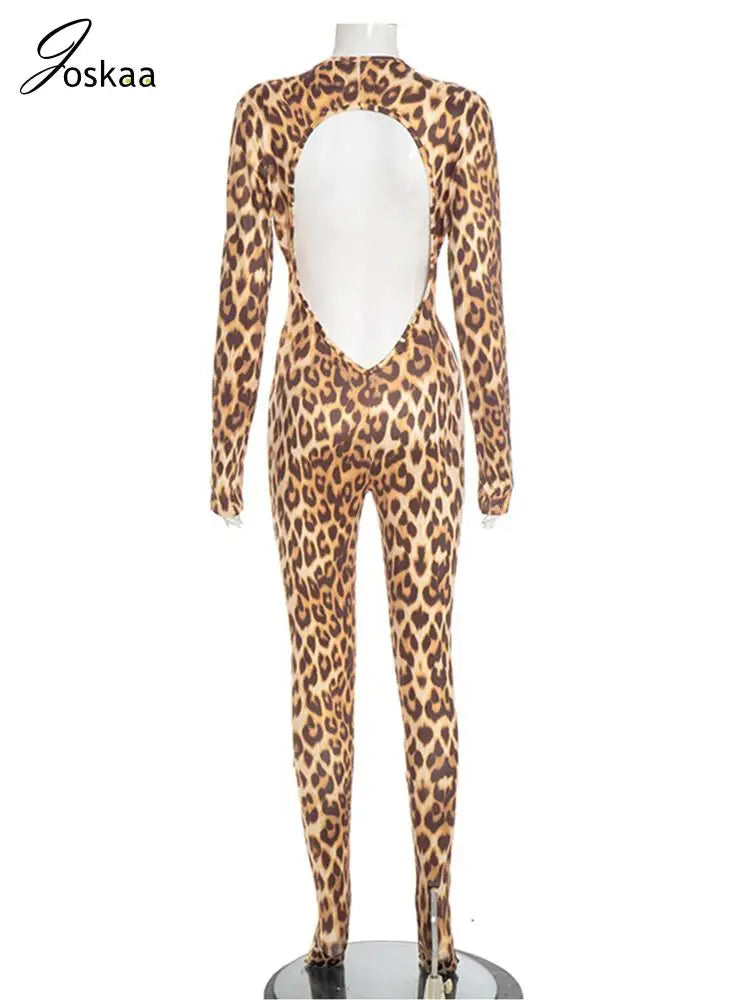 Women's Leopard Print Backless Long Sleeve Romper Leopard Print – Detail View