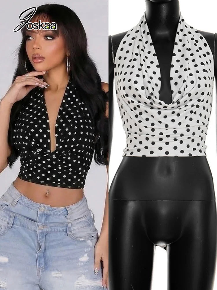 Women's Polka Dot Lace Backless Halter Top – Women's Fashion Wholesale – Front View