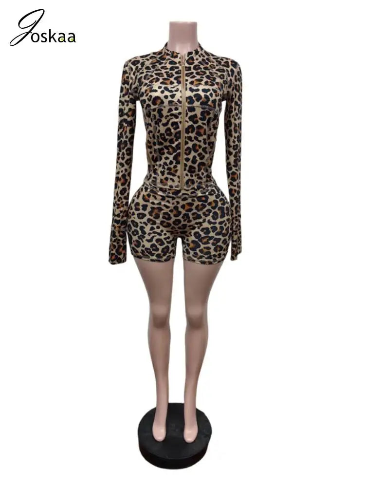 Women's Leopard Print Long Sleeve Two Piece Set Dark Brown – Side View