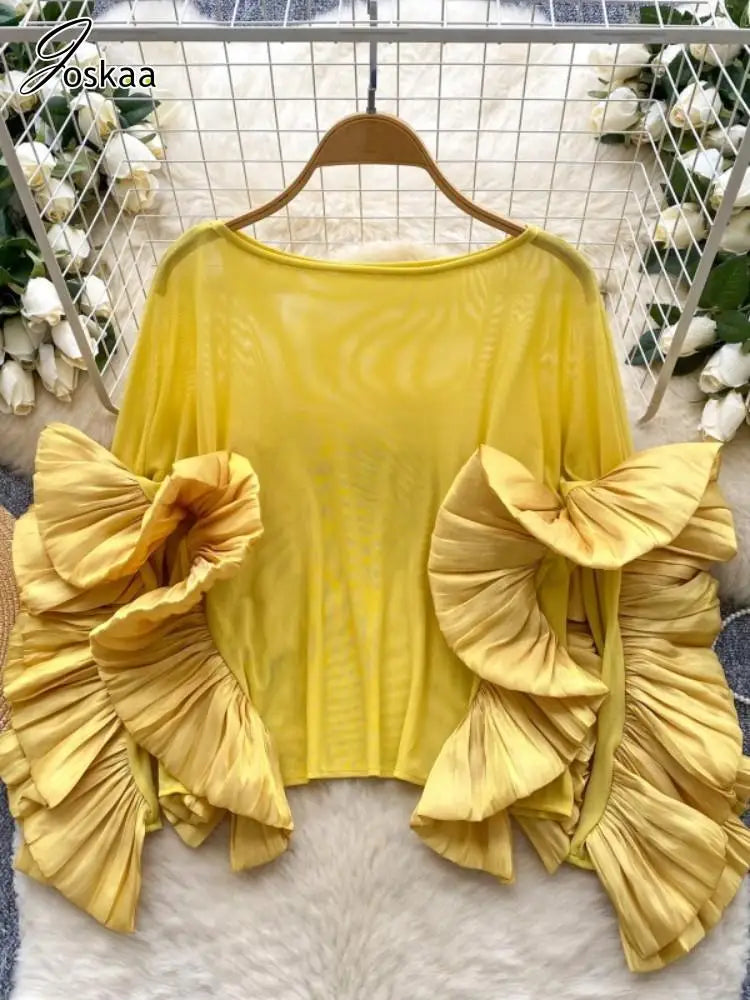 Women's Mesh Long Sleeve Luxury Blouse Ruffles Top Yellow – Side View