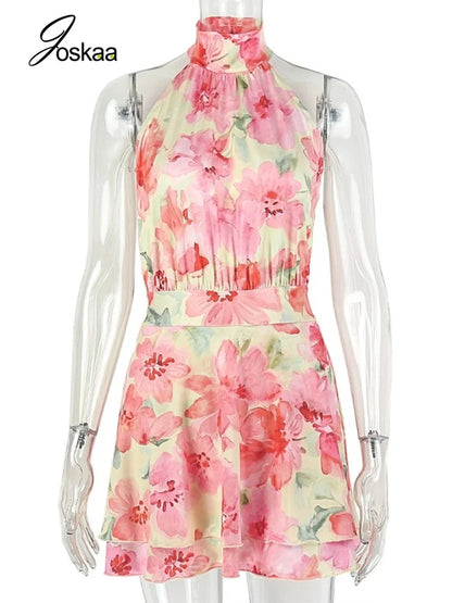 Women's Floral Print Backless Halter Mini Dress Mixed – Back View