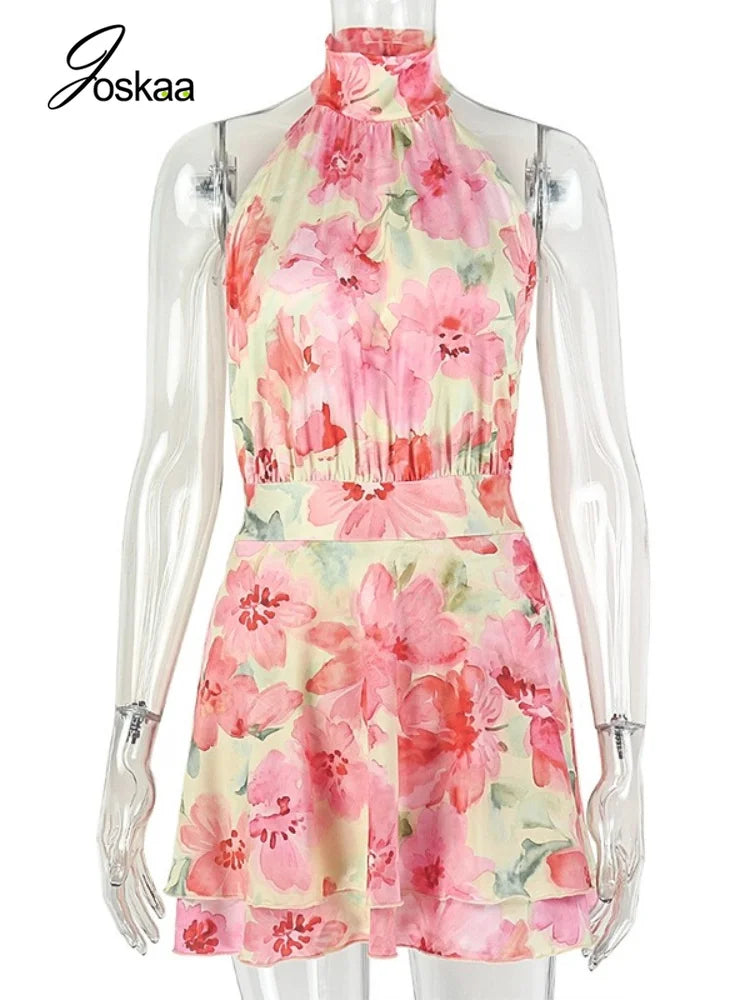 Women's Floral Print Backless Halter Mini Dress Mixed – Back View