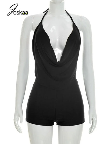 Women's Lace Ruched Backless Halter Romper Black – Back View