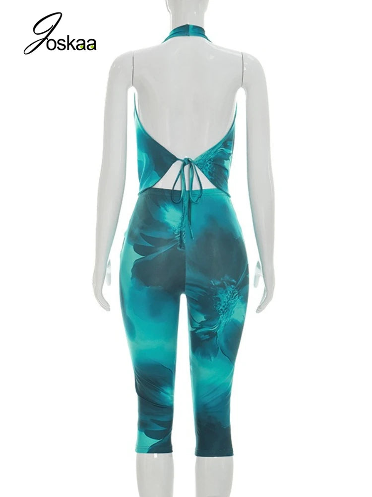 Wholesale Women's Backless Halter Two Piece Set Blue – Detail View