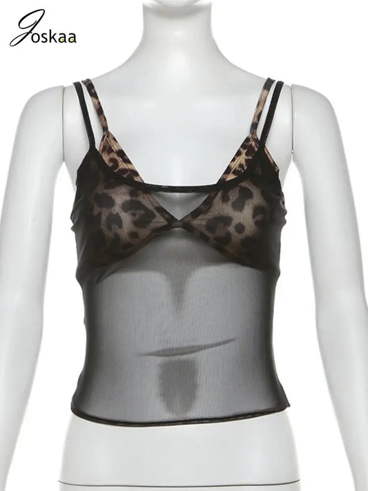 Women's Leopard Print Mesh Two Piece Bikini Set Black – Front View