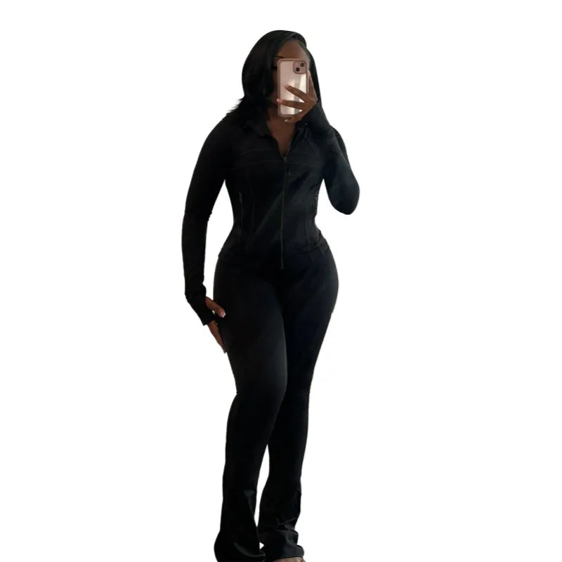 Women's Long Sleeve Flare Zip Two Piece Set