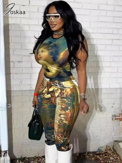 Women's Crop Bodycon Vintage Oil Painting Two Piece Set – Women's Fashion Wholesale – Front View