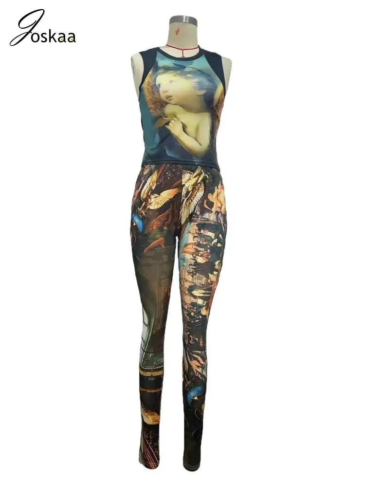 Women's Crop Bodycon Vintage Oil Painting Two Piece Set Caramel – Detail View
