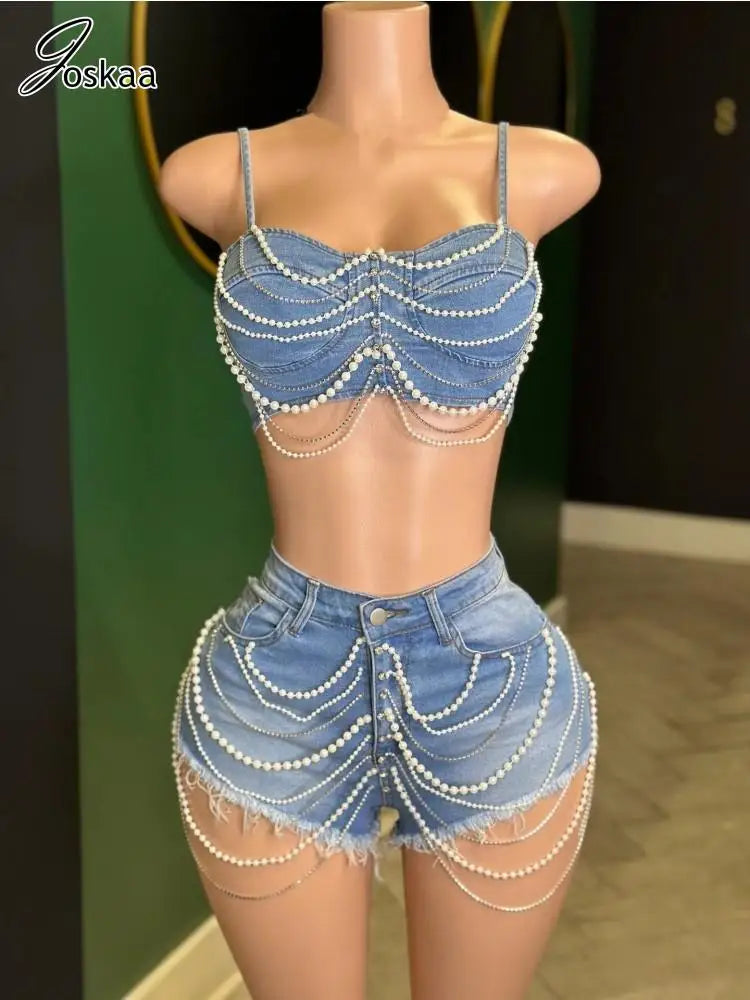 Women's Rhinestone Denim Crop Two Piece Set Blue – Back View