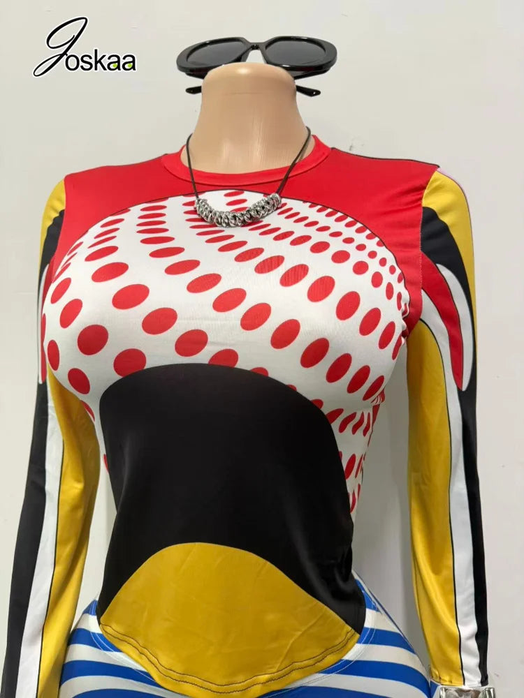 Women's Polka Dot Striped Swirl Print Long Sleeve Two Piece Set - Back View