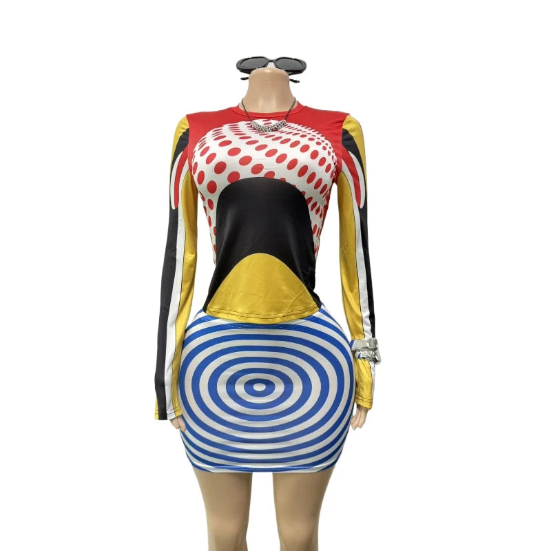 Women's Polka Dot Striped Swirl Print Long Sleeve Two Piece Set - Model Wearing Style