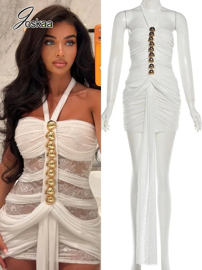 Women's Mesh Lace Ruched Backless Mini Dress - Women's Fashion Wholesale - Front View