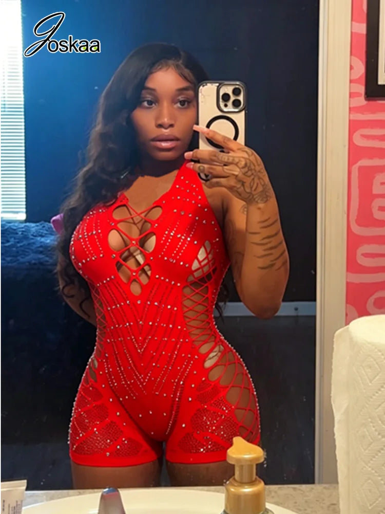 Women's Rhinestone Backless Cutout Romper Neon Yellow – Side View