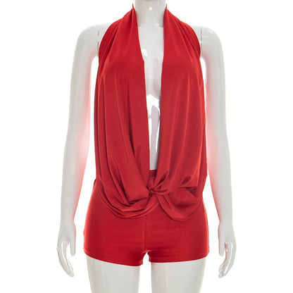 Women's Ruched Backless Halter Sleeveless Romper