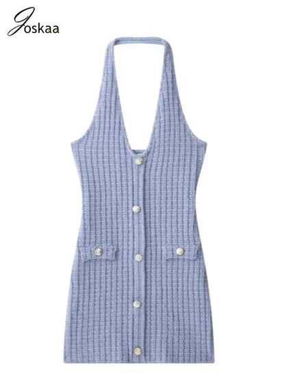 Women's Knit Backless Halter Bodycon Mini Dress Light Blue – Back View