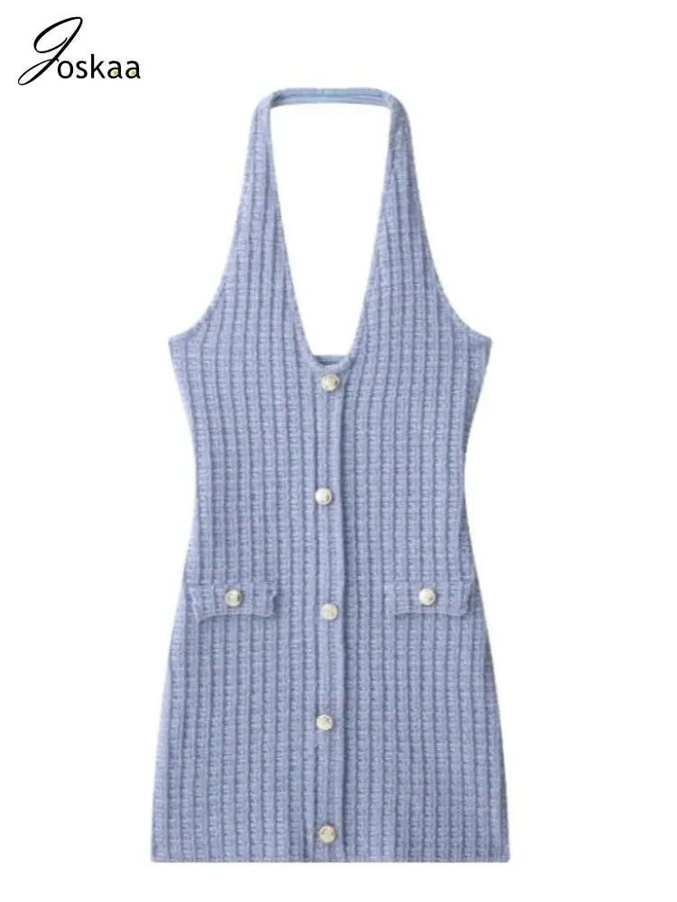 Women's Knit Backless Halter Bodycon Mini Dress Light Blue – Back View