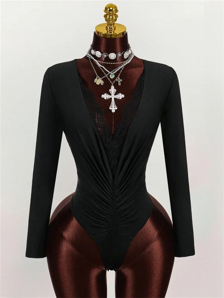 Joskaa Lace Ruched Long Sleeve Bodycon Romper - romper image 5