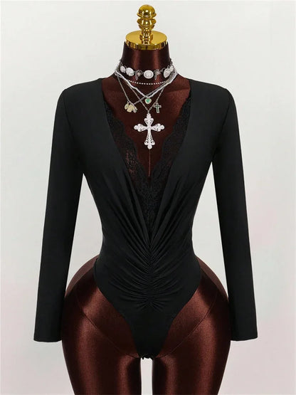 Joskaa Lace Ruched Long Sleeve Bodycon Romper - romper image 5